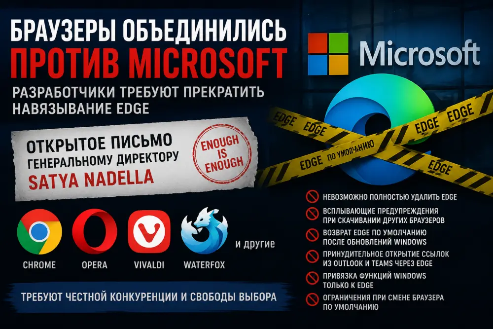 Браузеры объединились против Microsoft: разработчики требуют прекратить навязывание Edge